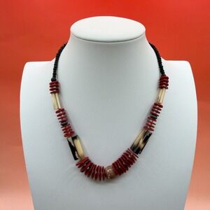 Red Black Tan Mixed Bead Necklace Chunky Boho Statement Festival Vintage Jewelry